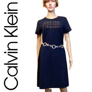 CALVIN KLEIN GOLD SILVER COOPER SEQUINS LOGO SHORT SLEEVES T-SHIRT  DRES…